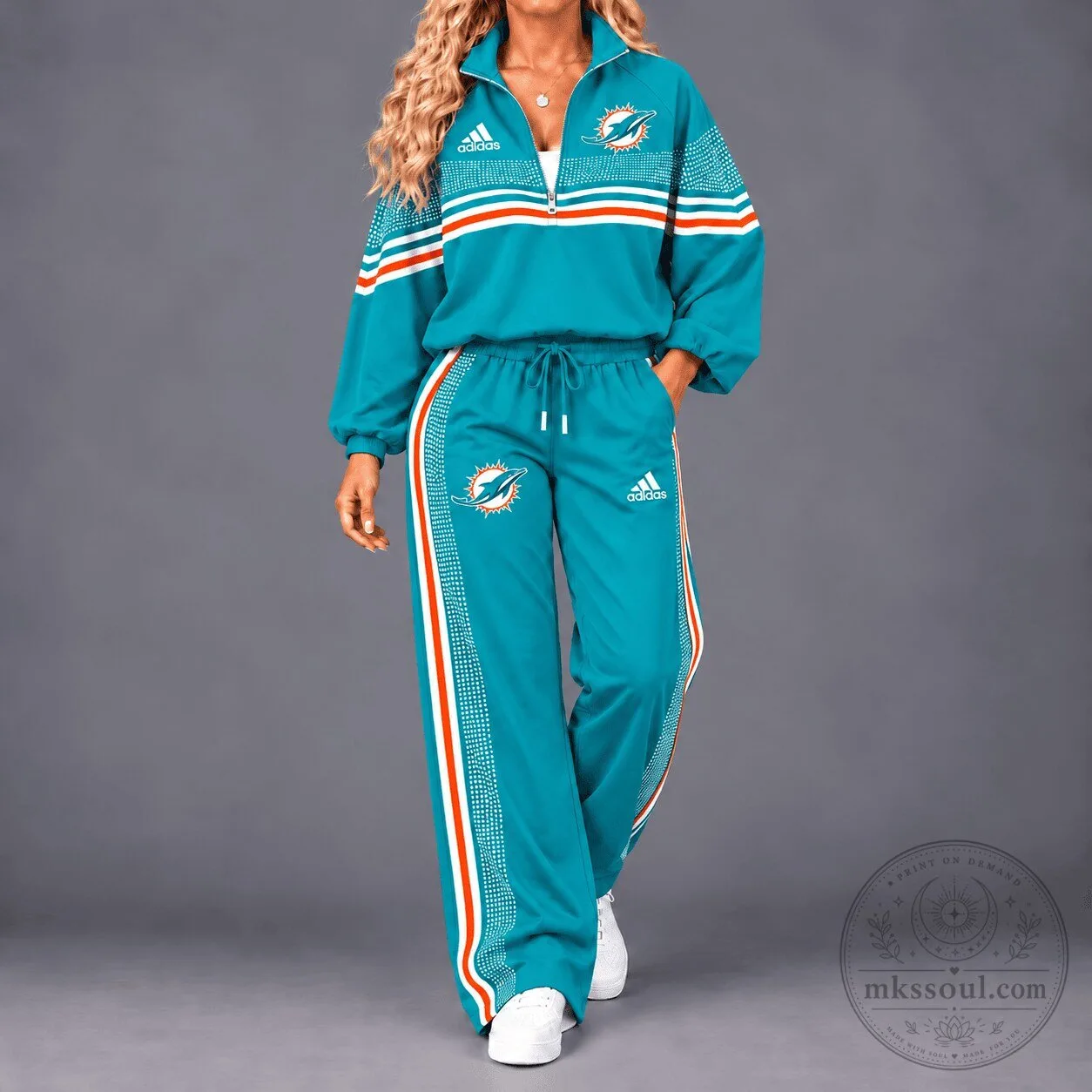 Miami Dolphins NFL Team Spirit Gradient Dot Stripe Quarter-Zip Hoodie and Pants Set