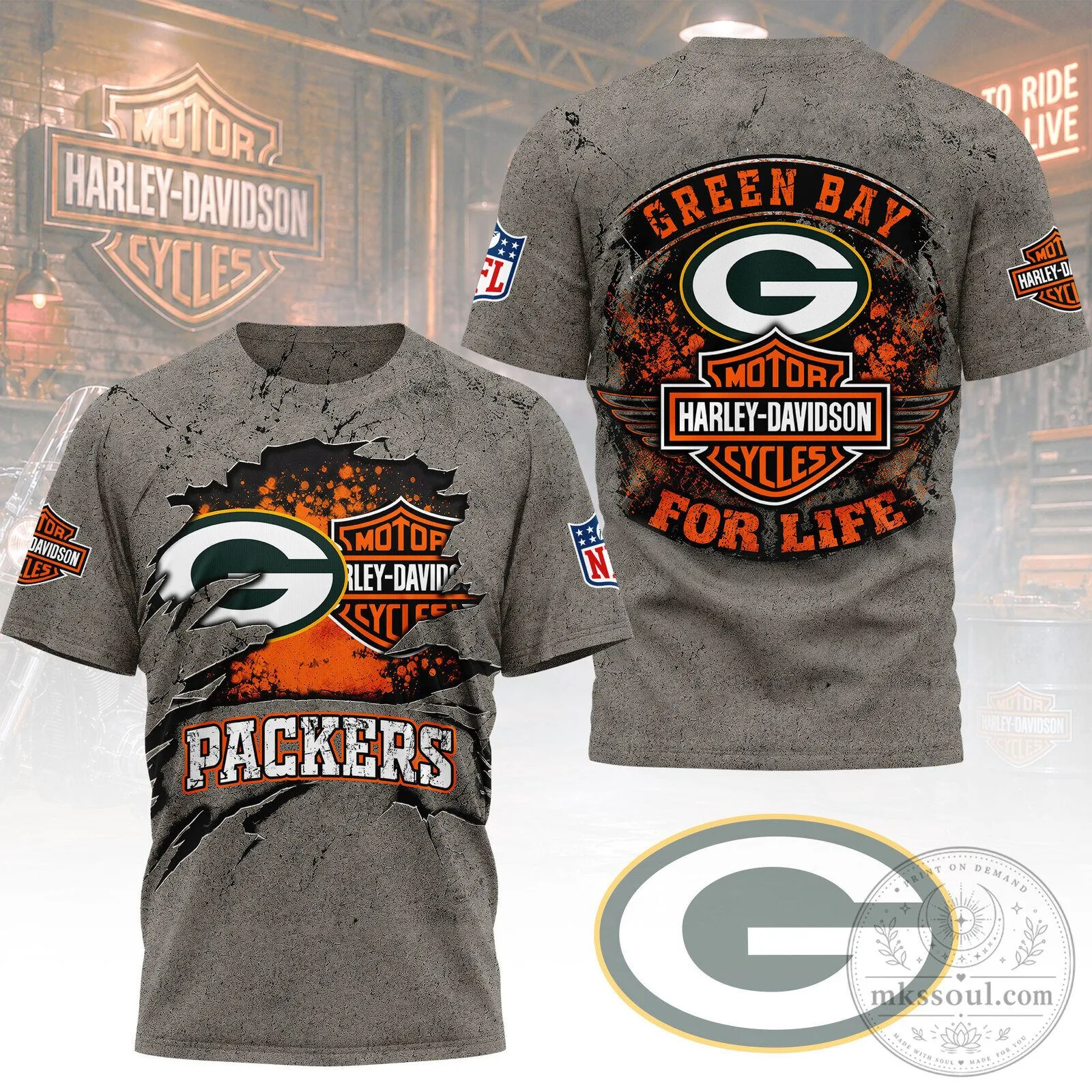 Green Bay Packers Harley Davidson Motor Cycles For Life Gray T-Shirt