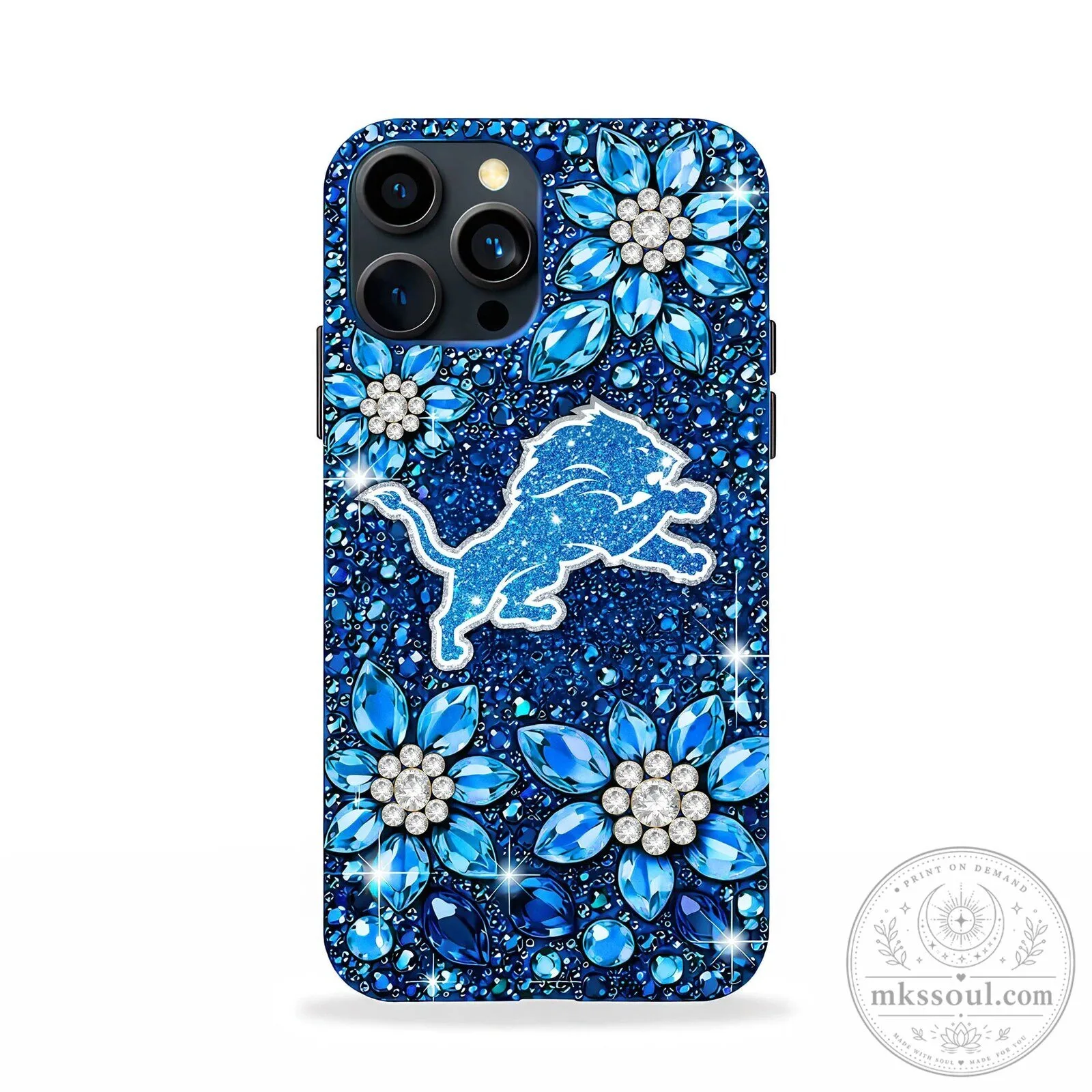 Detroit Lions Sparkle Blue Rhinestone Gemstone Floral Pattern Phone Case