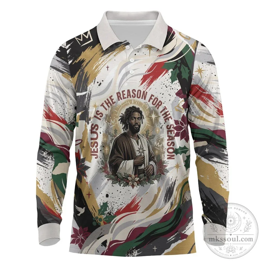 Jesus Is The Reason For The Season Christian Christmas Long Sleeve Polo Shirt