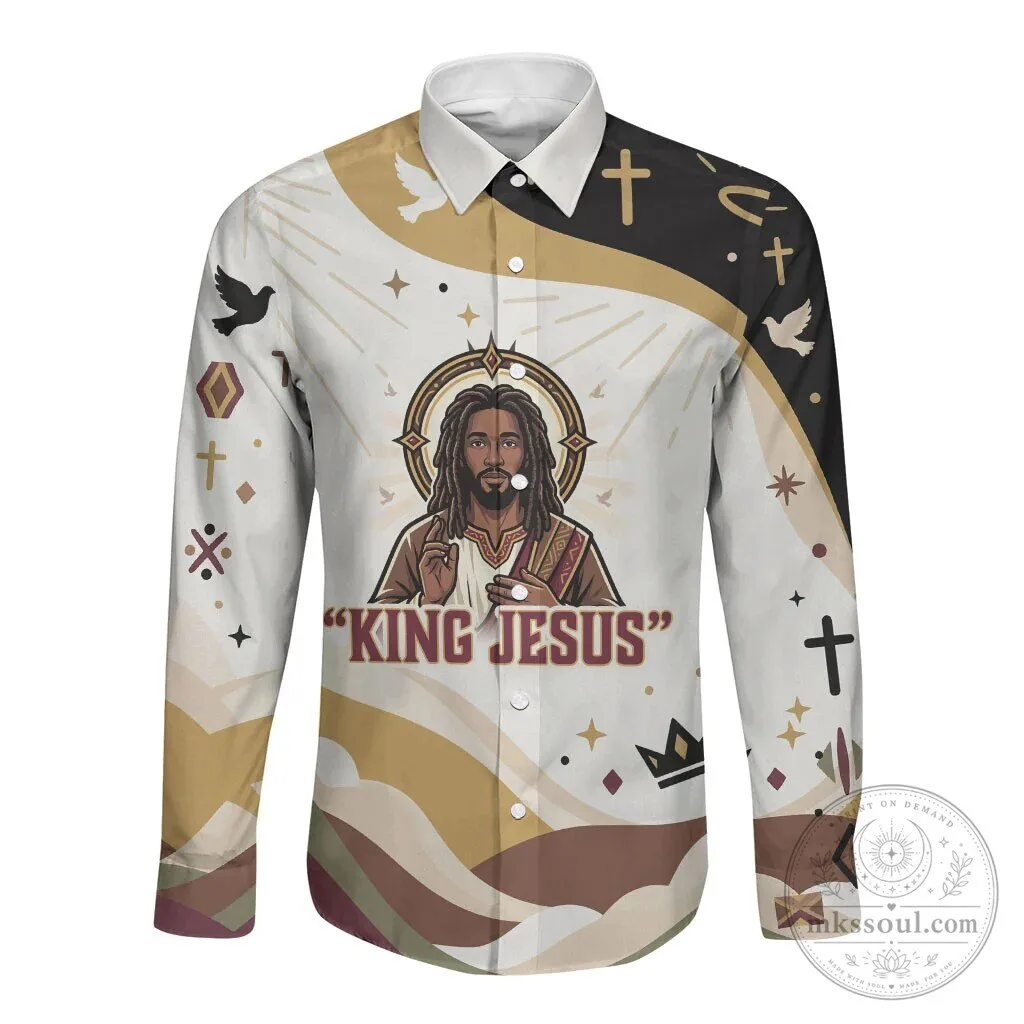 King Jesus African Black Christ Religious Christian Faith Long Sleeve Button Shirt