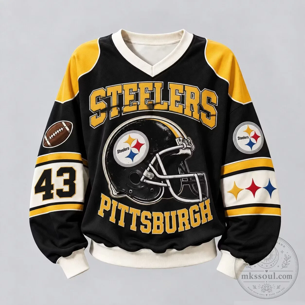 Pittsburgh Steelers Football Team Helmet and Logo Black Long-Sleeve Sweatshirt