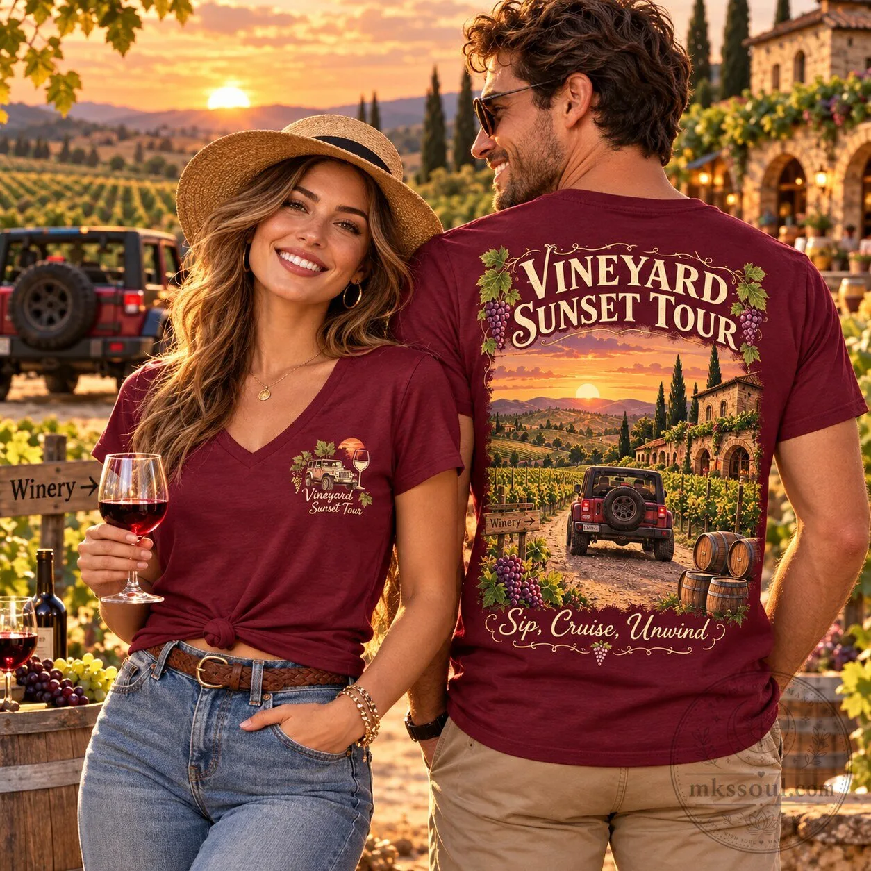 Vineyard Sunset Tour Jeep V-Neck T-Shirt for Wine Country Road Trip