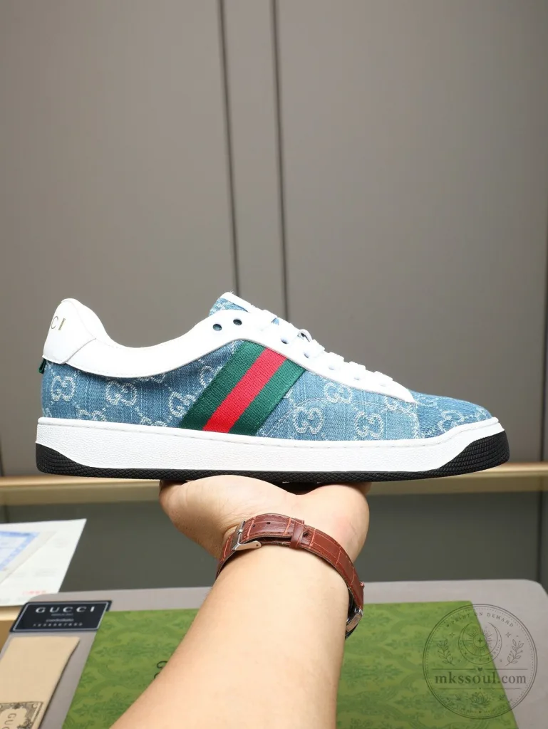 Gucci Denim Blue Low Top Sneakers with Red and Green Stripe Accent