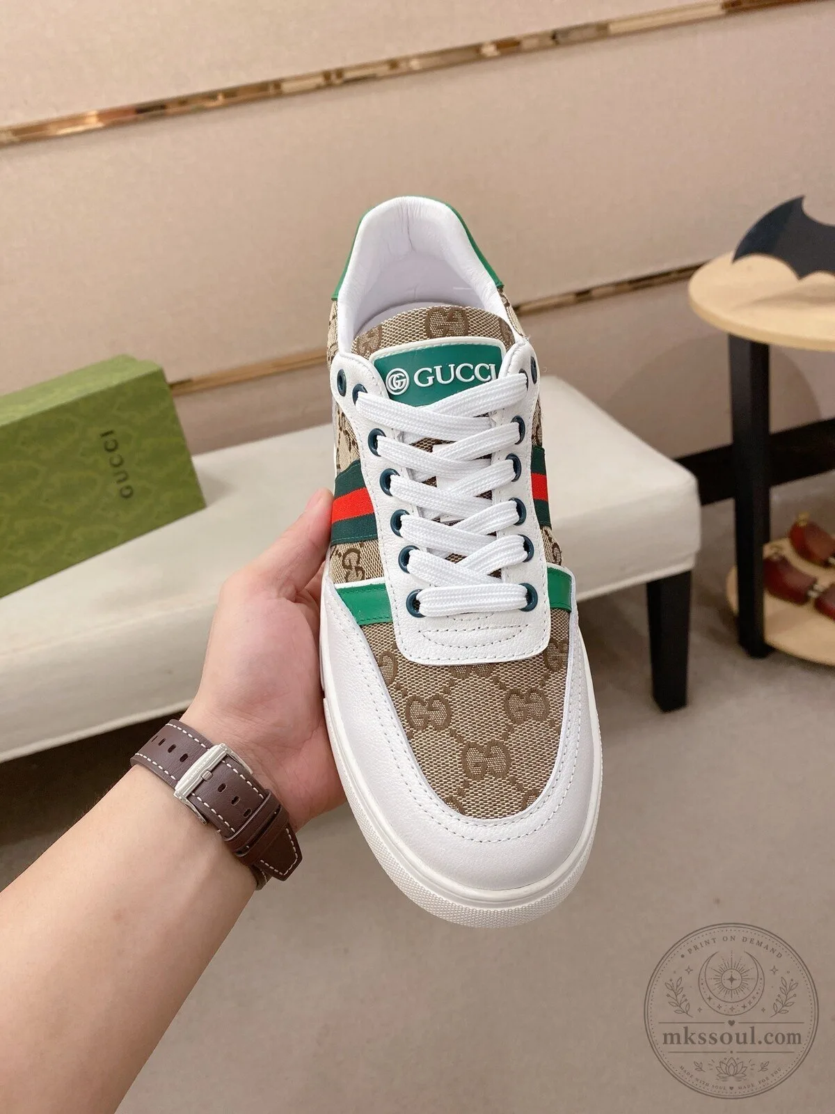 Gucci White Leather and Canvas Low Top Sneakers for Men and Women