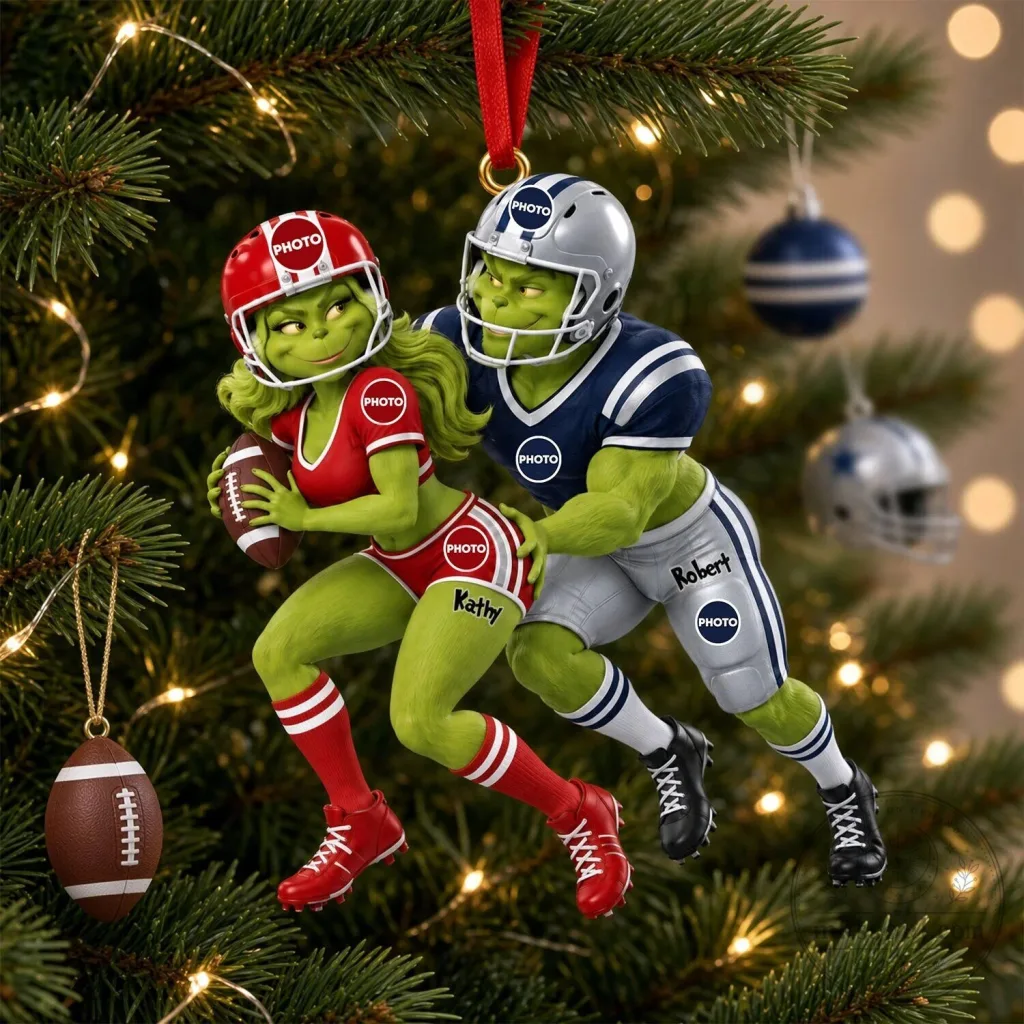 Personalized Grinch Couple Football Christmas Tree Ornament Personalized Grinch Couple Football Christmas Tree Ornament