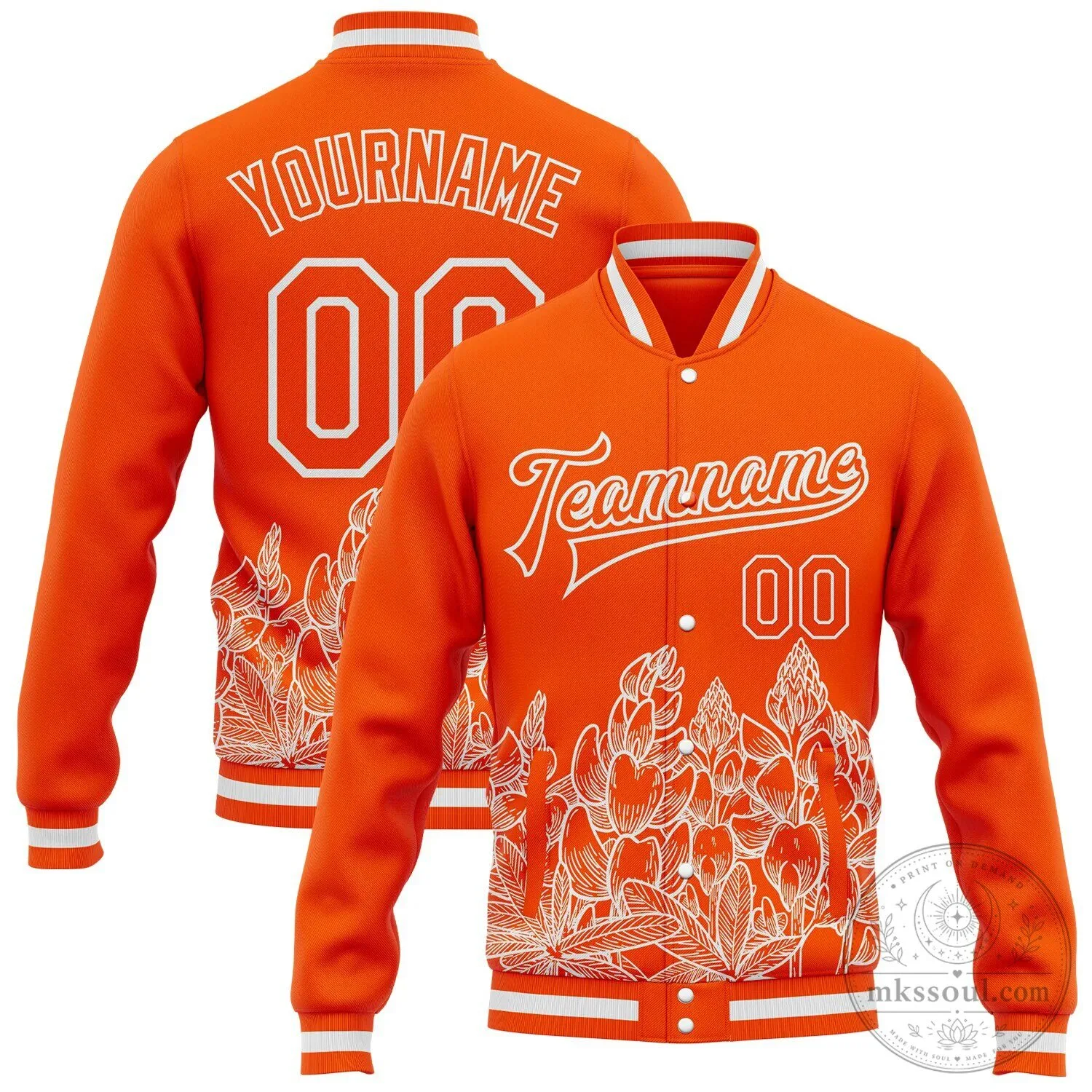 Custom Orange White Texas Bluebonnet Floral Bomber Varsity Jacket