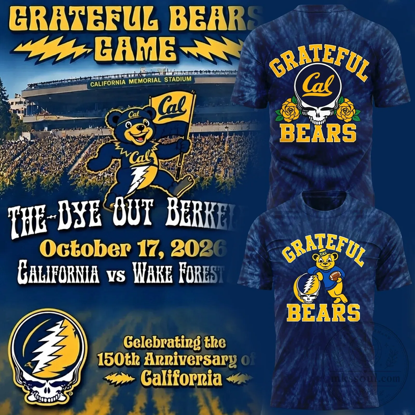 Tie-Dye T-Shirt with Grateful Dead Design for California Golden Bears Football Fans