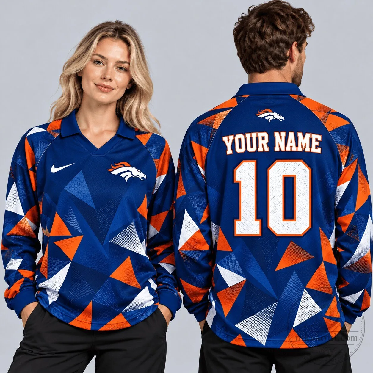 Denver Broncos Custom Name Number Abstract Triangle Camo Long Sleeve Polo Shirt