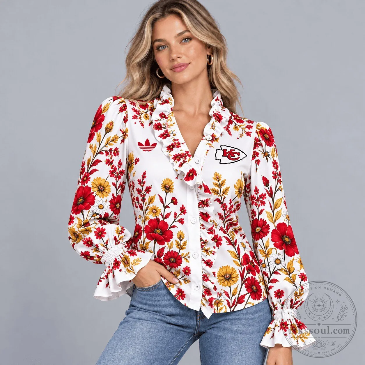 Kansas City Chiefs Floral Ruffle Neck Button Down Long Sleeve Blouse