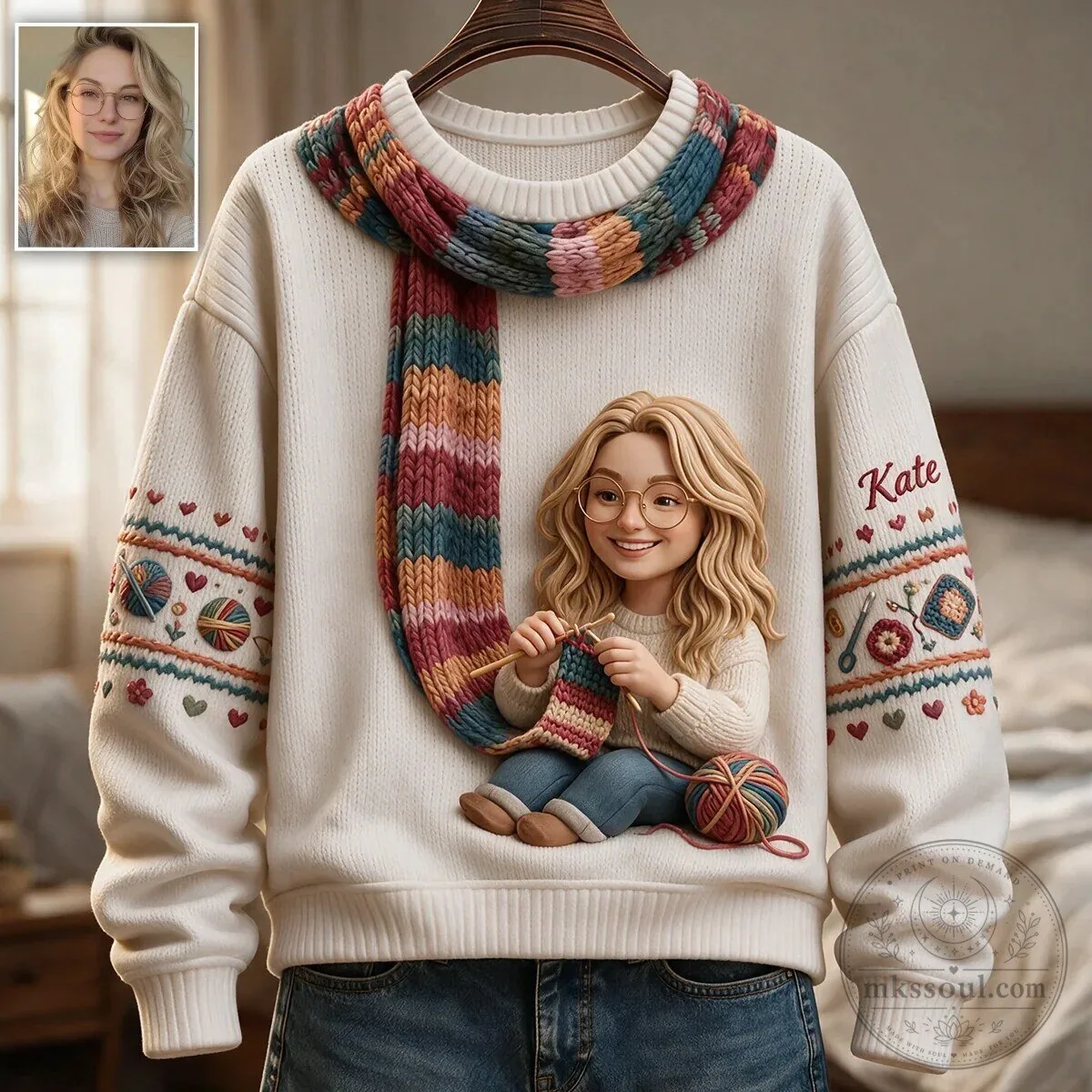 Personalized Crocheting Girl Christmas Ugly Sweater with Custom Name