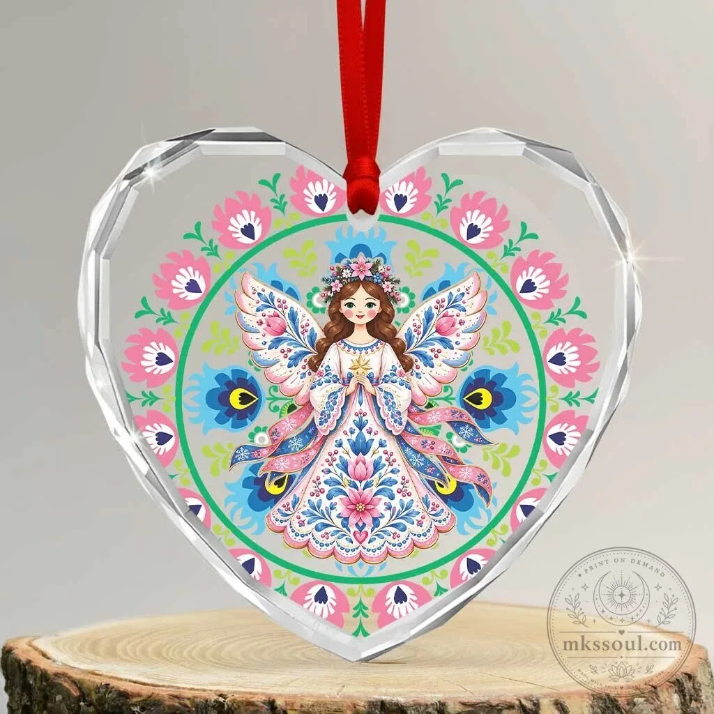 Polish Folk Art Angel Heart Christmas Ornament, Traditional Floral Pattern