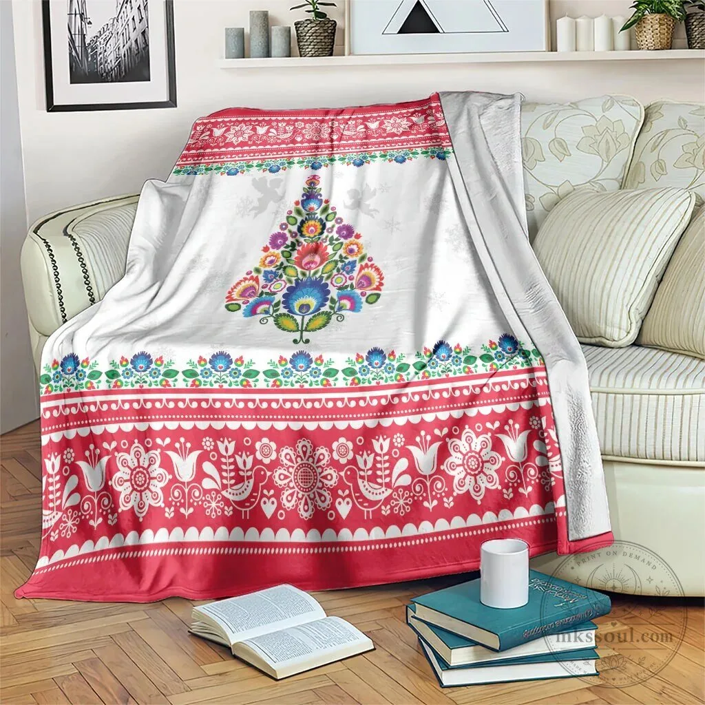 Polish Folk Art Christmas Tree Holiday Blanket