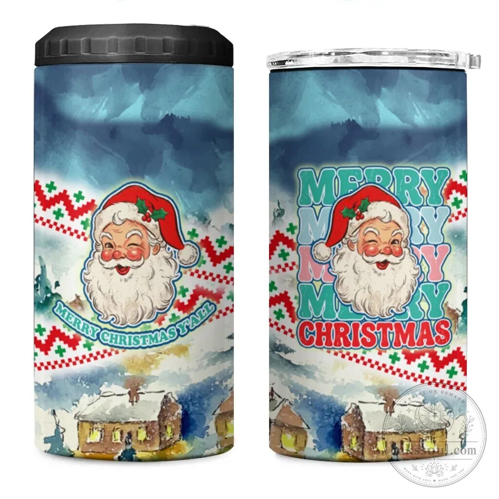 Vintage Winking Santa Claus Merry Christmas Y'all Winter Can Cooler Tumbler