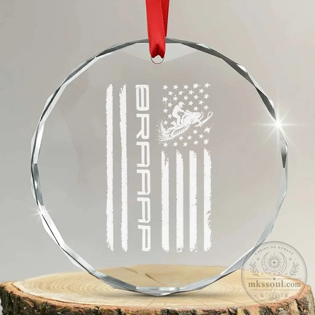 Braaap Snowmobile American Flag Crystal Glass Christmas Tree Ornament