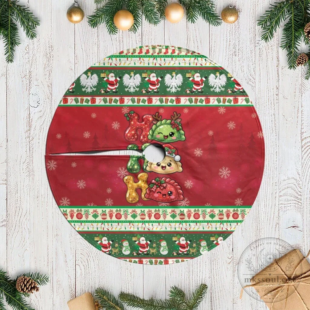 Poland Christmas Tree Skirt with Ho Ho Ho Squishy Pierogi Design
