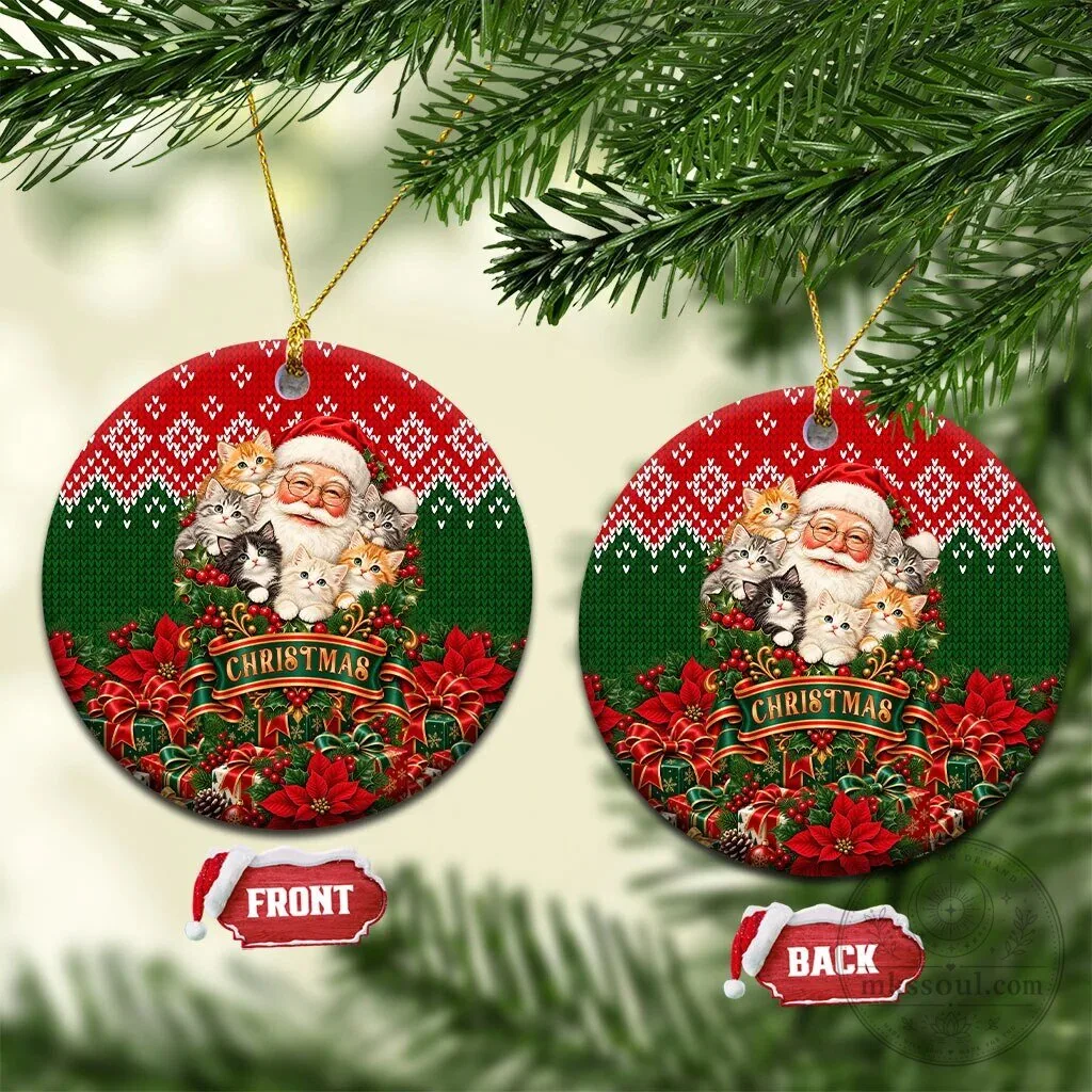 Santa Claus Kittens Christmas Holiday Ceramic Tree Ornament