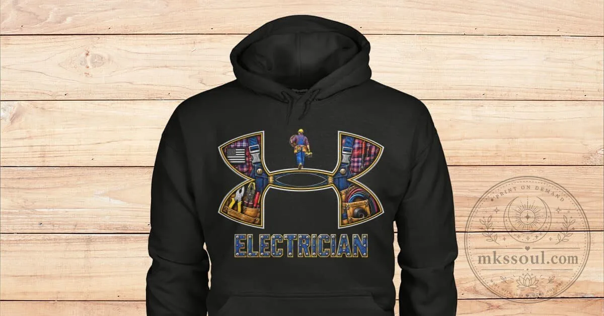 Electrician Under Armour Style Logo Plaid Tools Design Black Hoodie