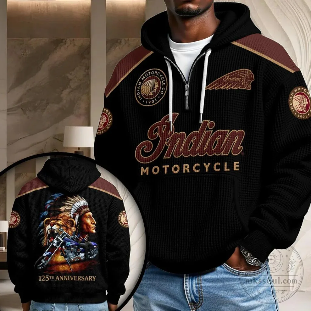 Indian Motorcycle 125th Anniversary Logo Black Waffle Knit Hoodie
