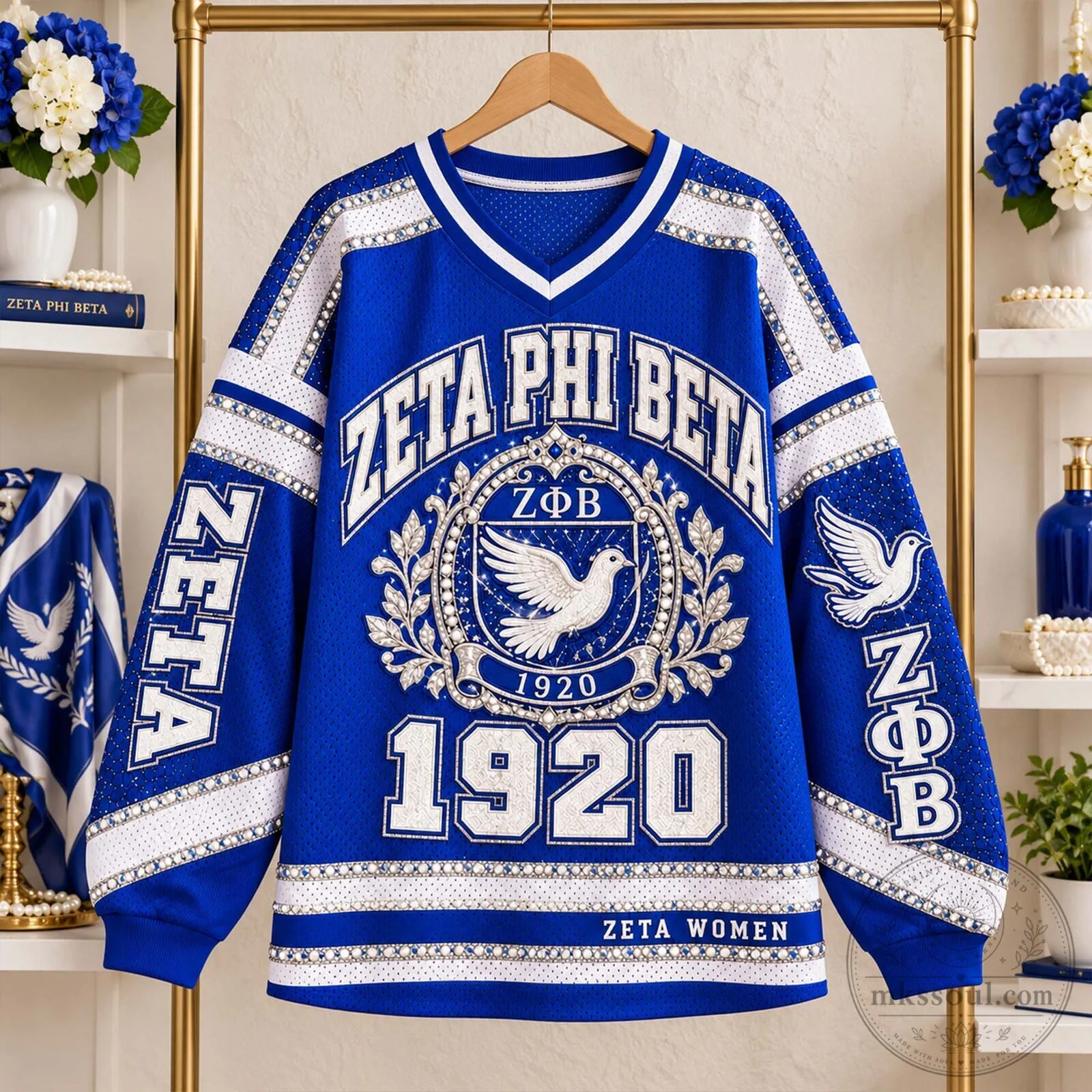 Zeta Phi Beta Sorority Royal Blue and White Rhinestone Jersey for Women 5 Zeta Phi Beta Sorority Royal Blue and White Rhinestone Jersey for Women