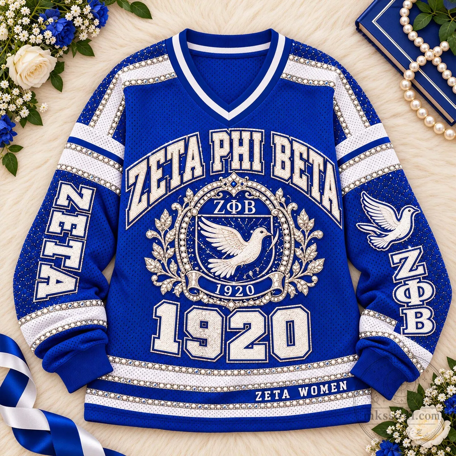 Zeta Phi Beta Sorority Royal Blue and White Rhinestone Jersey for Women 6 Zeta Phi Beta Sorority Royal Blue and White Rhinestone Jersey for Women