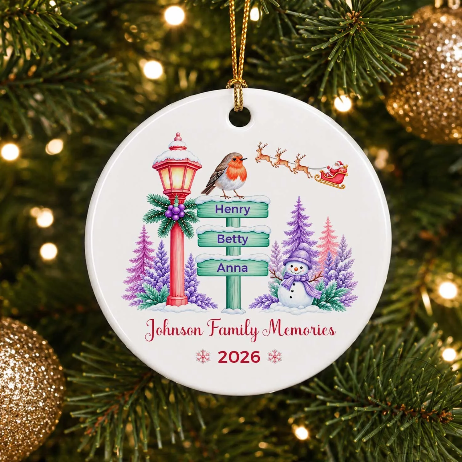 Personalized Family Signpost Christmas Ceramic Ornament with Snowman and Robin