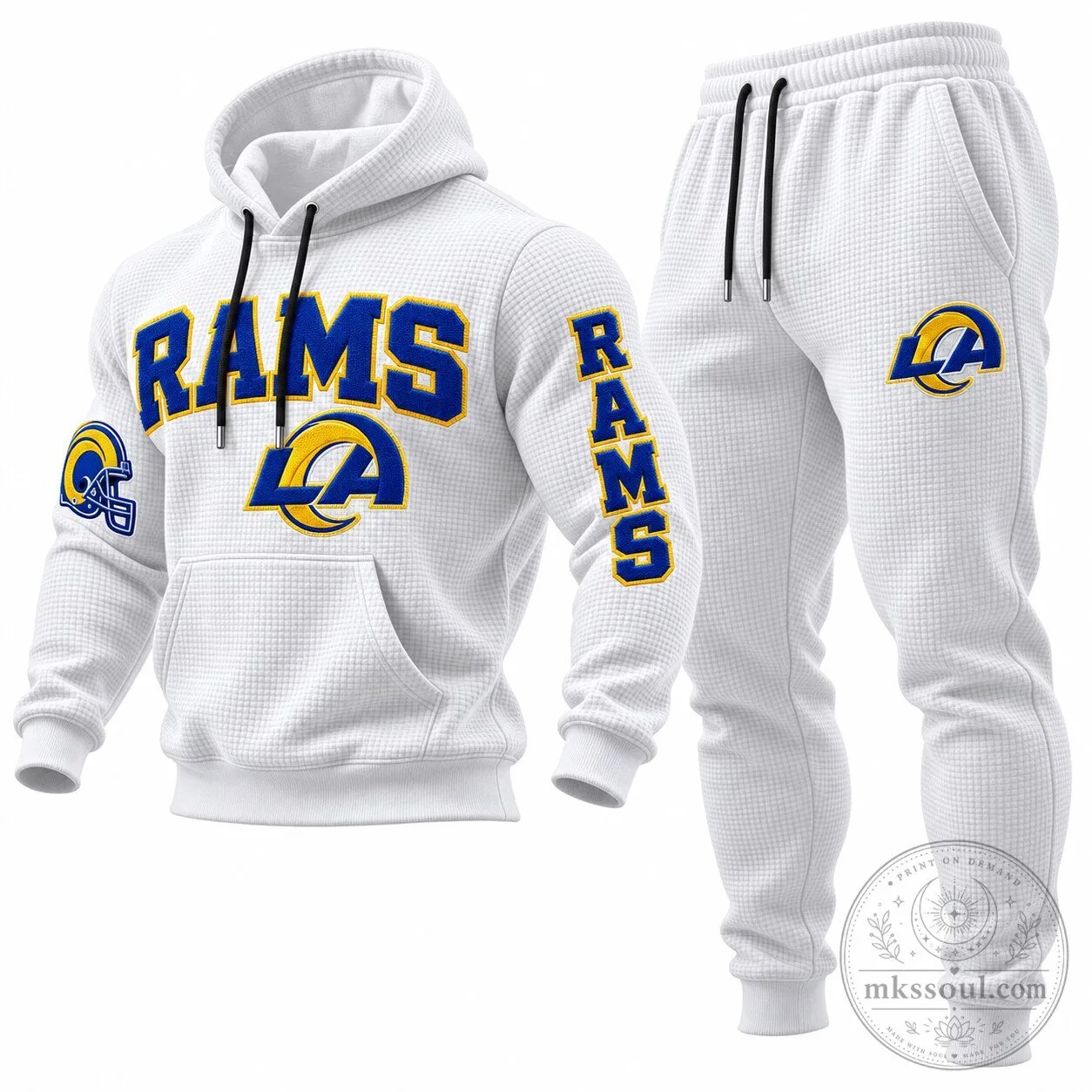 Los Angeles Rams Football Team Logo White Waffle Knit Hoodie