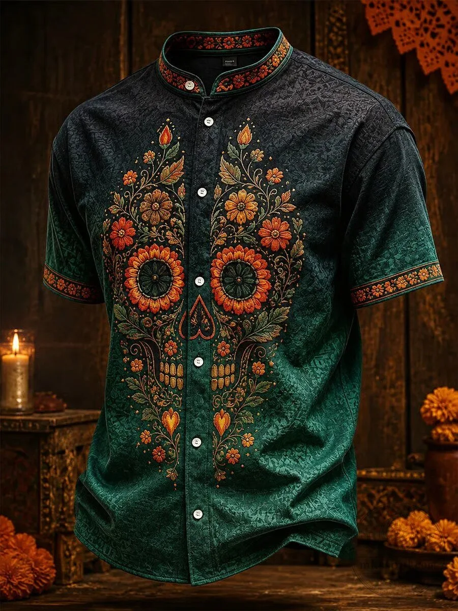 Day of the Dead Floral Skull Print Men's Short Sleeve Button Down Shirt