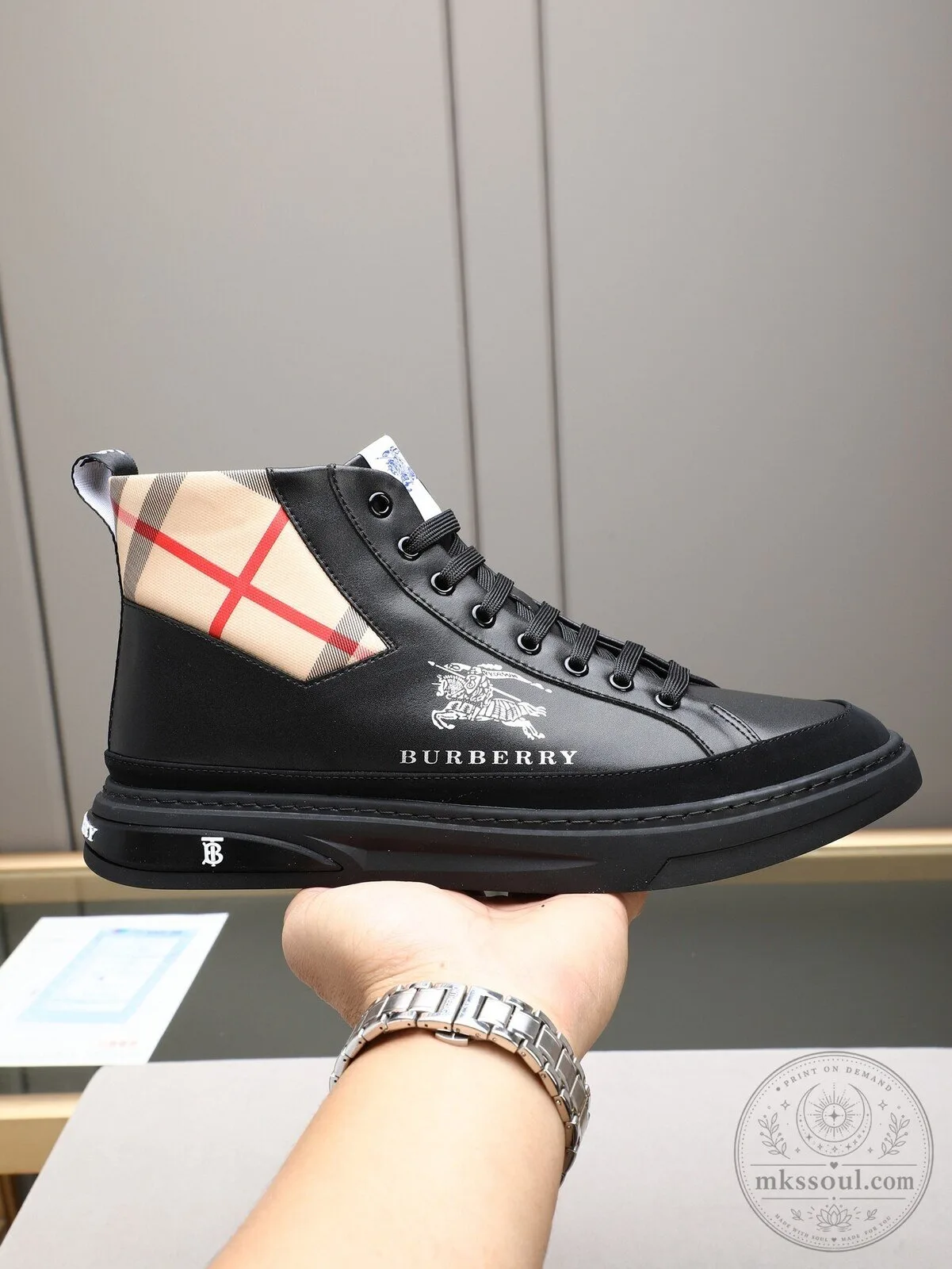 Burberry Black Leather High-Top Sneakers with Check Pattern Accent