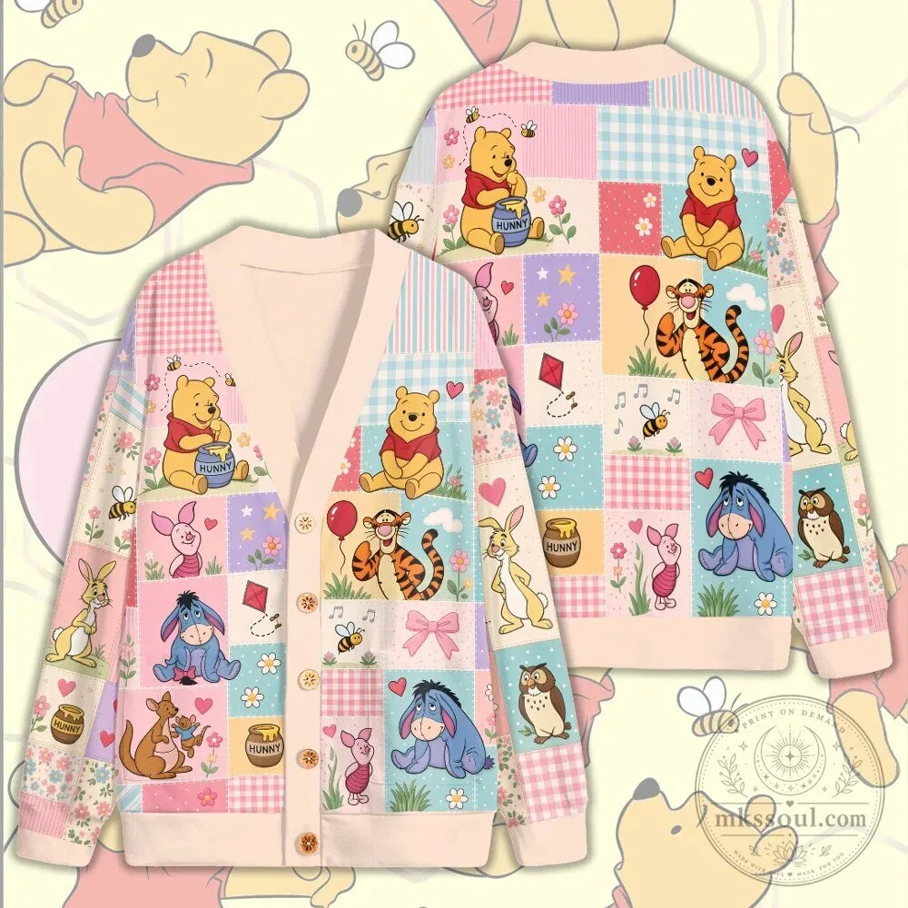 Winnie the Pooh and Friends Patchwork Pattern Knitted V-Neck Cardigan