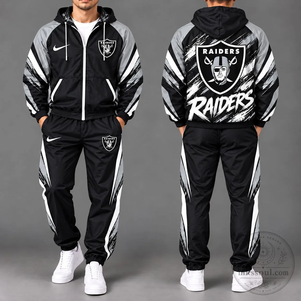 Las Vegas Raiders NFL Football Team Black and White Tracksuit Hoodie 1 Las Vegas Raiders NFL Football Team Black and White Tracksuit Hoodie