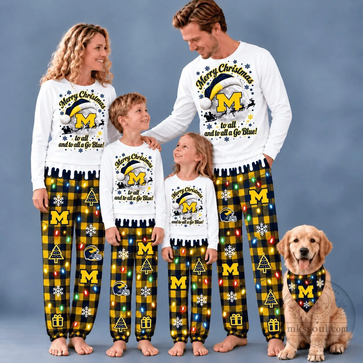 Michigan Wolverines Christmas Family Pajamas Set with Pet Bandana 1 Michigan Wolverines Christmas Family Pajamas Set with Pet Bandana