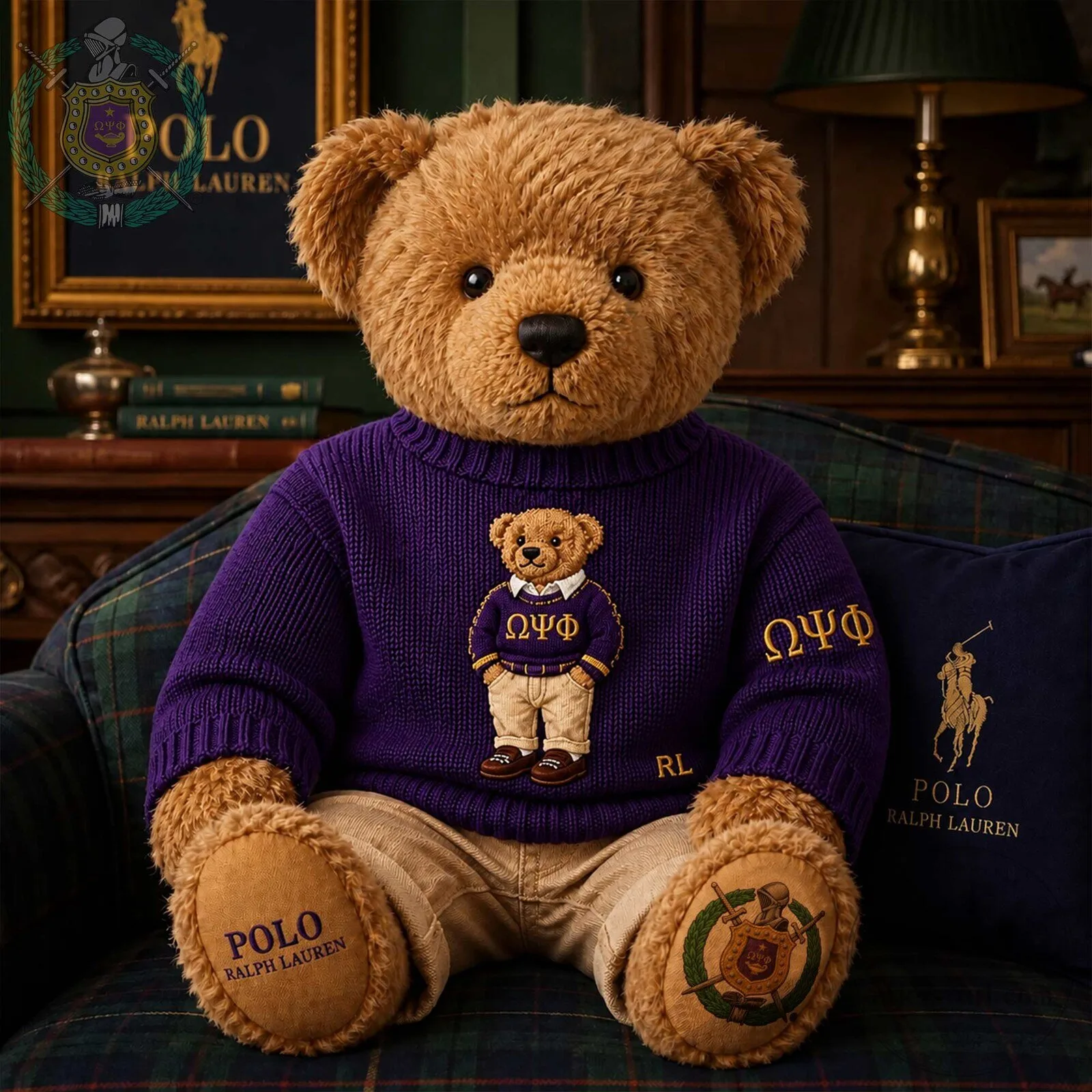 Polo Ralph Lauren Omega Psi Phi Fraternity Purple Sweater Bear Plush Toy