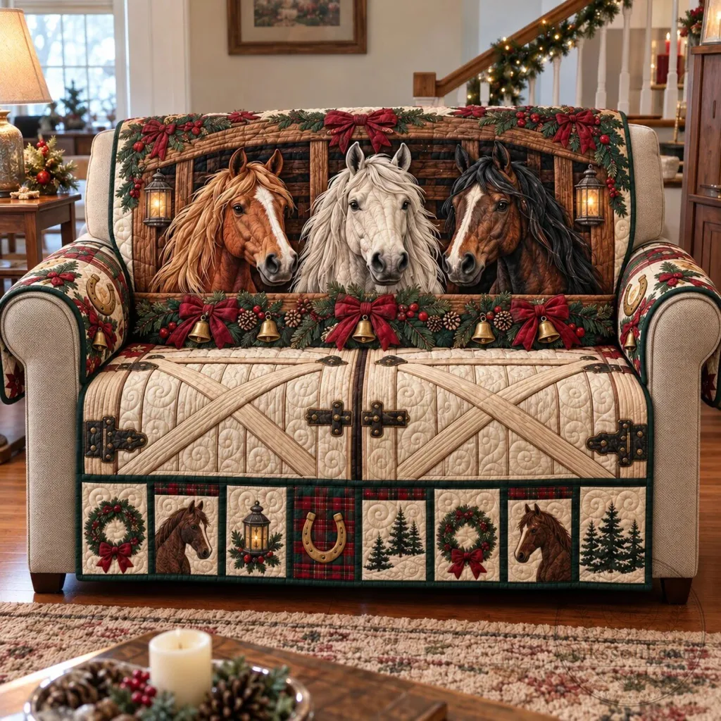 Christmas Horses Barn Door Quilted Sofa Cover for Living Room Decor 1 Christmas Horses Barn Door Quilted Sofa Cover for Living Room Decor