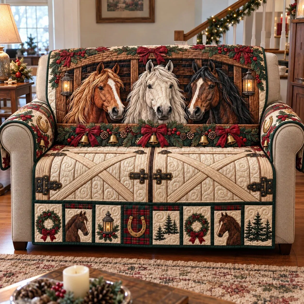 Christmas Horses Barn Door Quilted Sofa Cover for Living Room Decor 2 Christmas Horses Barn Door Quilted Sofa Cover for Living Room Decor